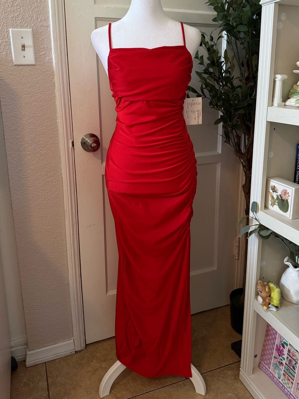 Red Ruched Spaghetti Strap Maxi Dress - Women's Evening Dress Medium